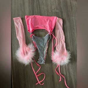 Custom SassyPants Label body suit with fuzzy sparkle gloves